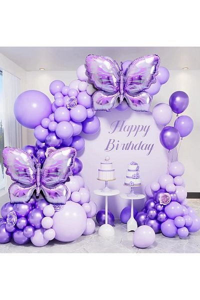 Baloane Vesele Girls Balloon Arch With Purple Butterflies 129 Pieces ARC166