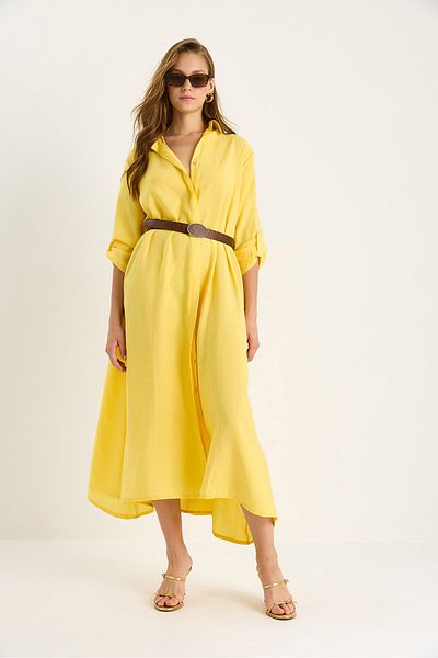 Bianco Lucci Women's Asymmetrical Hem Button Closure Belted Modal Shirt Dress 7012 60283477