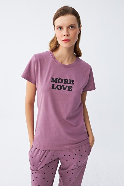 Akbeniz Women's Purple Star Pattern Combed Cotton Short Sleeve Pajama Set