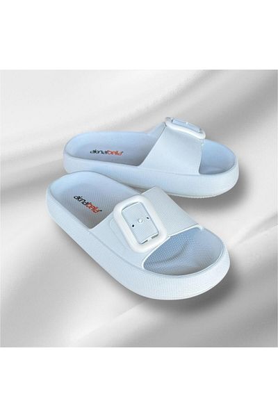 AkınalBella Single Buckle White Women's Ultrasoft Sole Beach Pool Daily Slippers