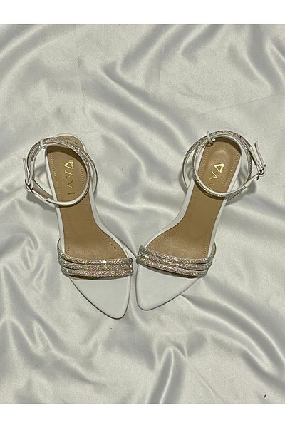 VAVİ STORE Women's Three Rows of Luxury Stones White Skin Heels Evening Dress Shoes