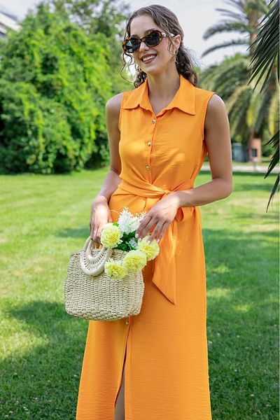 Afiş Butik Orange Waist Tie Linen Shirt Dress