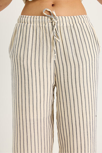 Bianco Lucci Women's Striped Double Breasted Collar Tie Detailed Blouse Elastic Waist Lined Muslin Suit 1039 60283478