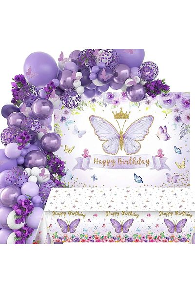 Baloane Vesele Purple Balloon Arch Set With Butterflies Tablecloth And Backdrop ARC152