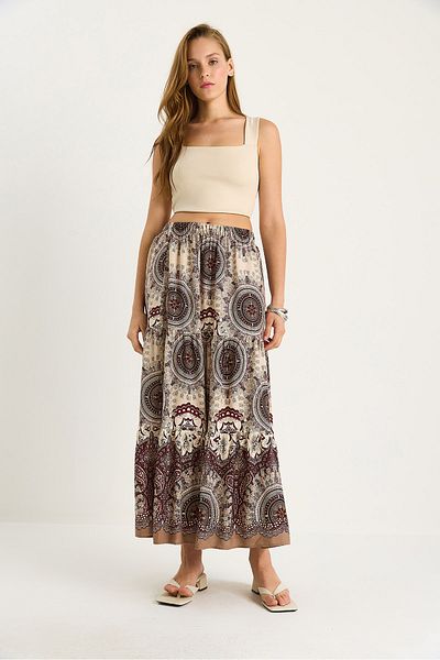 Bianco Lucci Women's Patterned Elastic Waist Long Vsicon Skirt 8045 60283479