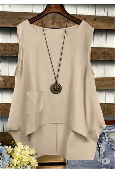 Mefa basic pamuklu keten cep detaylı asimetrik bohem kolsuz bluz