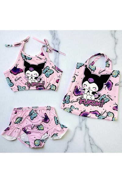 MİLAYS LİFE HOME COLLECTİON Girl's Character Printed Skirt with Ruffles - Rope Tie Bag Swimsuit Bikini 3 Piece Set