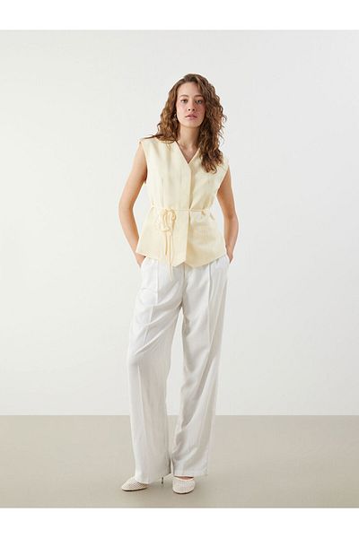 LC Waikiki Light Yellow V-Neck Linen Blend Women's Classic Vest