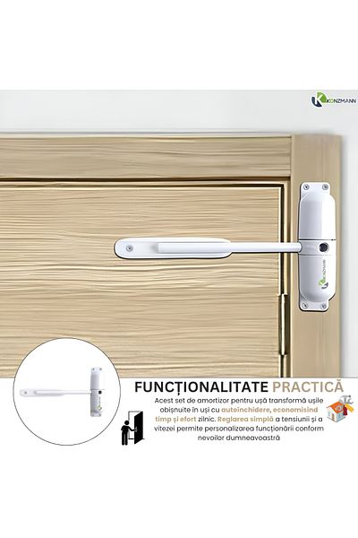 Konzmann Amortizor de ușă cu arc reglabil, închidere automată, design modern, ușor de instalat, alb