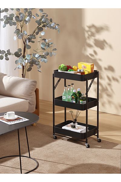 Lawazim Folding Trolley No Handrail Style - 3 Layer Carbon Steel Rolling Storage Cart with Casters