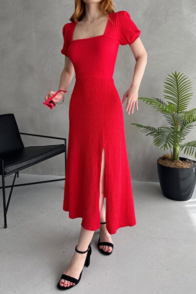 OLSAMODA Women's Textured Fabric Slit Square Collar Back Tie Dress