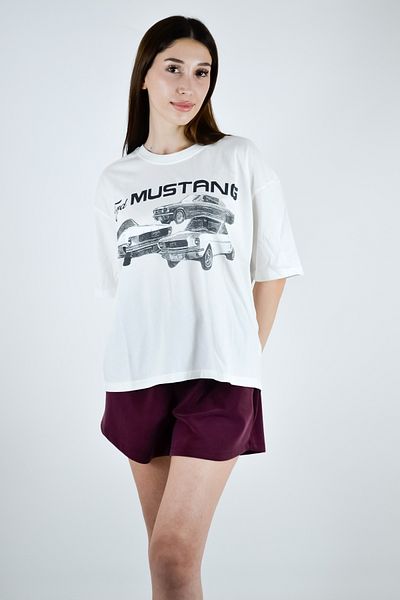 Qu Style Κρέμα μπλουζάκι με στάμπα αυτοκινήτου με λαιμόκοψη