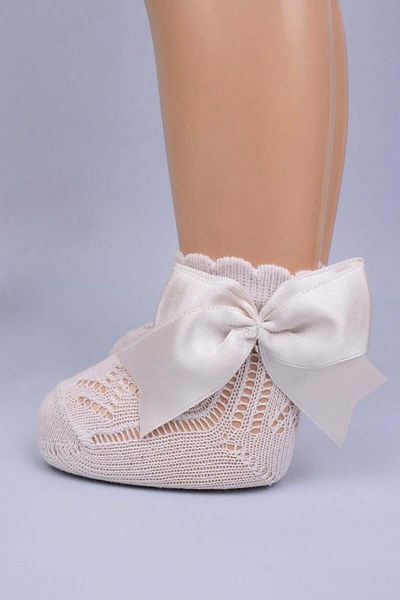 KIPIRIK BABY 3-Piece Baby Girl Beige Dusty Rose White Socket Socks with Ribbon Bow Detail