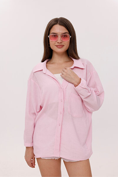 LA PANTE قميص نسائي بجيب أمامي بدون أكتاف قميص نسائي وردي فضفاض قصة فضفاضة قم...