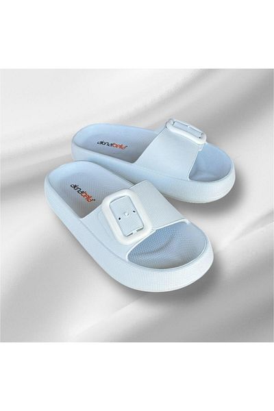 AkınalBella Single Buckle White Women's Ultrasoft Sole Beach Pool Daily Slippers