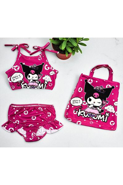 MİLAYS LİFE HOME COLLECTİON Girl's Character Printed Skirt with Ruffles - Rope Tie Bag Swimsuit Bikini 3 Piece Set