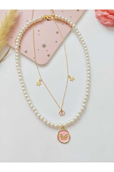 REN AKSESUAR İncili Kelebekli Lak Kaplama Kolye Set 2 adet