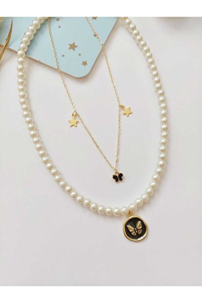 REN AKSESUAR Pearl Butterfly Lacquer Coated Necklace Set 2 Pcs