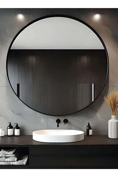Taimi 80cm Round Wall Mirror with Black Metal Frame for Makeup, Bathroom, Bedroom, Dressing Room