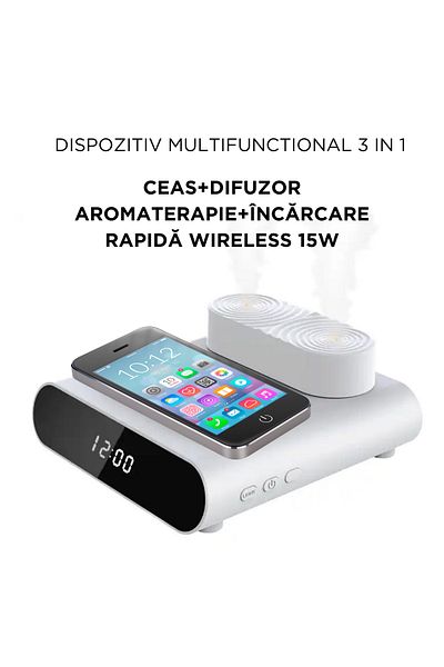 Konzmann Aromatherapy diffuser with 15W wireless charger and bedside clock with digital display