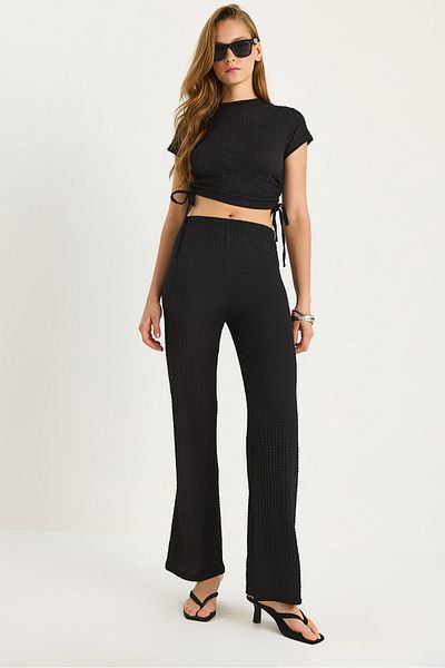 Bianco Lucci Women's Side Tie Short Sleeve Crop Seersucker Bottom-Top Set 60283481