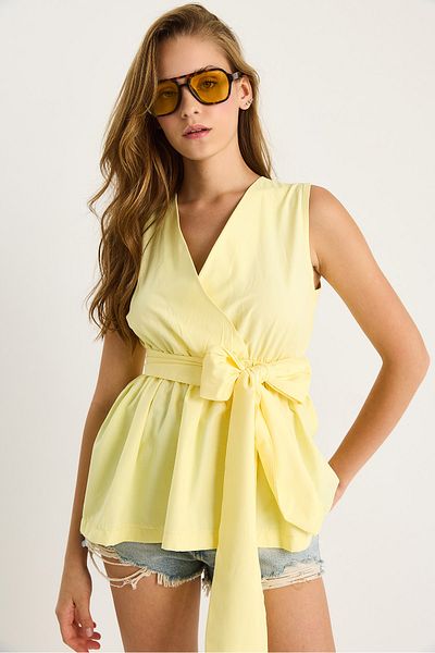 Bianco Lucci Women's Elastic Waist Double Breasted Collar Belted Poplin Blouse 8048 60283486