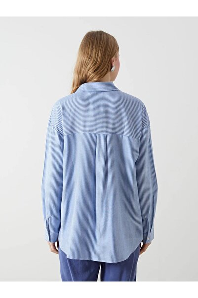 LC Waikiki XSIDE Mavi Çizgili Keten Karışımlı Oversize Kadın Gömlek