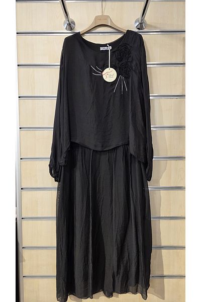 Park Moda Italian Silk Dress with Applique Rose Detail