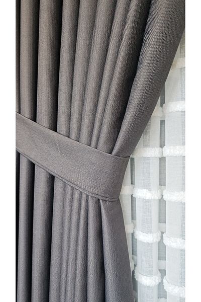 Yuka Linen Textured Anthracite Panel Background Curtain Luxury Heavy Weight Tek Wing 1/3 Tight Pleated Solid Color
