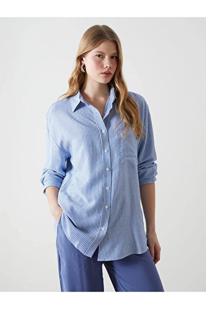 LC Waikiki XSIDE Mavi Çizgili Keten Karışımlı Oversize Kadın Gömlek
