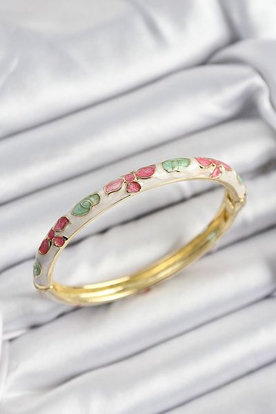 Clariss Mineli Brass Pink Green and Cream Flower Motif Gold Color Women's Handcuffs
