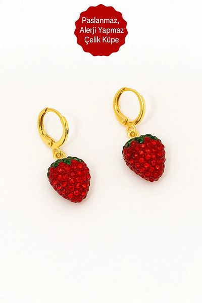 MakeWell Non Tarnish Steel Cherry Strawberry Design with Zircon Stone Steel Earrings Suitable for Children Teenagers Adults