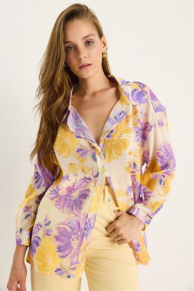 Bianco Lucci Women's Floral Patterned Digital Printed Oversize Viscose Shirt 198 60283480