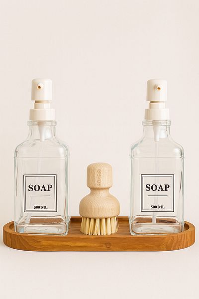 Mirilliahome Set of 3 Kitchen Soap Dispenser |   Glass 500 ml Liquid Soap Dispenser and Organizer with Wooden Base
