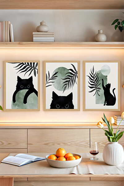 kutuTR 🐈‍⬛ Siyah Kedi Temalı Yeşil Geometrik 3’lü Çerçevesiz Tablo Seti – UV...