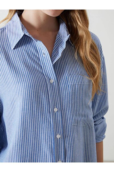 LC Waikiki XSIDE Mavi Çizgili Keten Karışımlı Oversize Kadın Gömlek