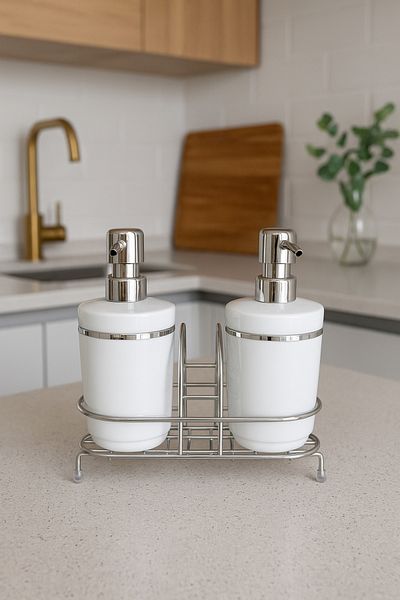 Makri Set of 2 Acrylic Liquid Soap Dispenser / Dishwashing Liquid Dispenser with Metal Stand and Sponge Holder - White