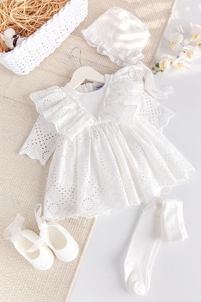 Babymod 100% Cotton 4-Piece Baby Girl Mevlüt Dress Set Ecru