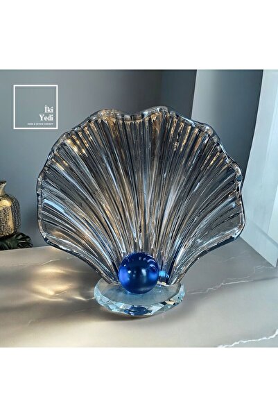 77 Dicarlo Kristal İstiridye İçinde Mavi İnci, Cam Dekoratif Obje, Zarif Ev O...