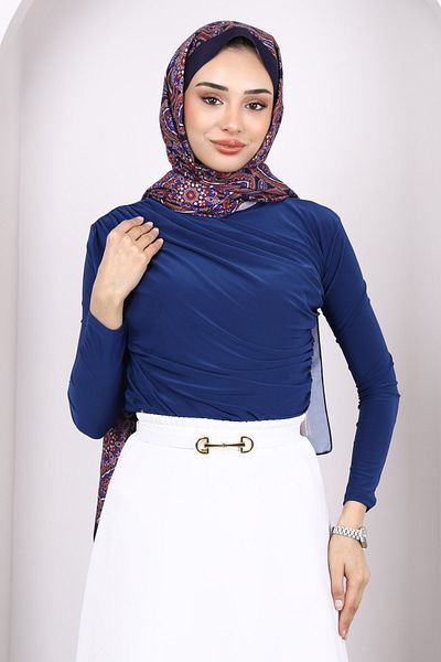 İmajButik Light Navy Blue Sandy Blouse with Draped Front