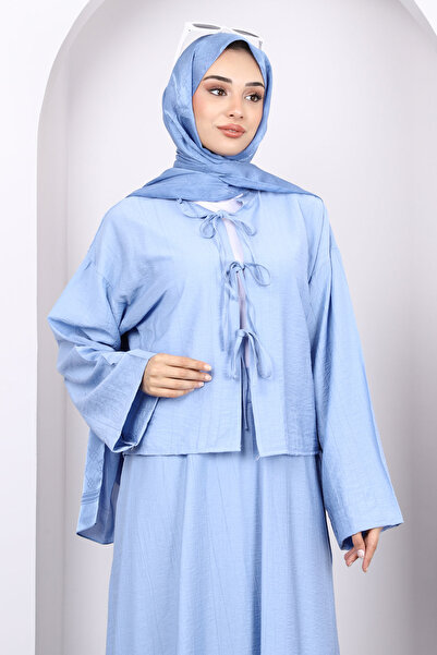 İmajButik Bebe Mavi Önü Bağlamalı Kimono Etekli Takım