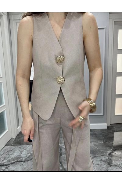MODA Stone Color Premium Quality Gold Metal Button Linen Vest Pants Set
