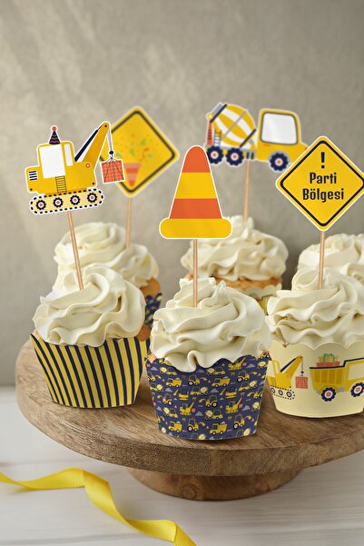 MSticker Eğlenceli İş makinaları Temalı Doğum Günü Konsepti Süsleme Seti , Cupcake Süsü Flama Etiket