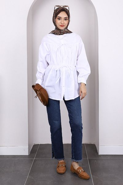 İmajButik Ecru Elastic Waist Buttoned Tunic
