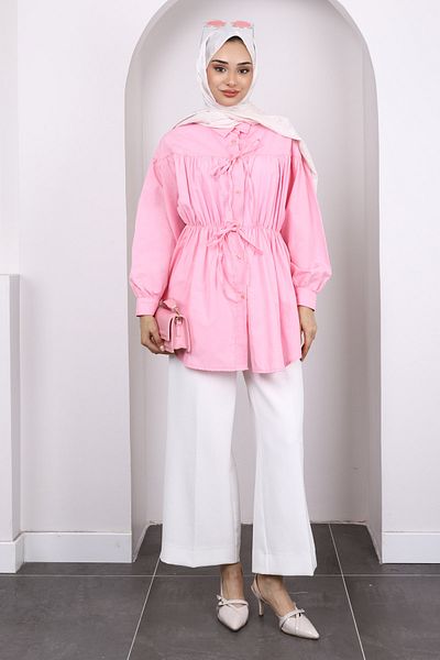İmajButik Pink Waist Elastic Buttoned Tunic