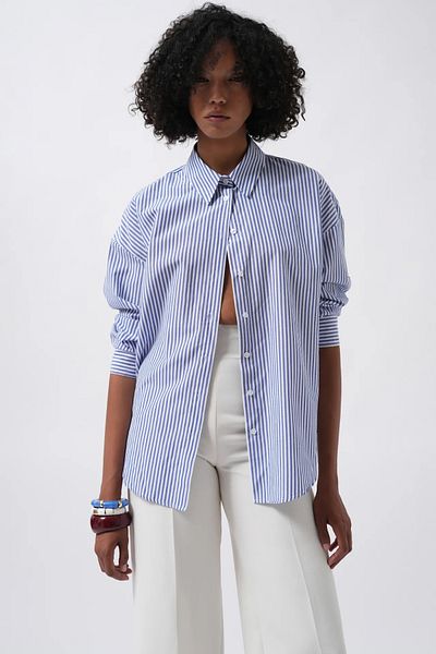 vuvutasarım New Season Sleeve Slit Button Cuff Striped Woven Cotton Women's Shirt 52218029