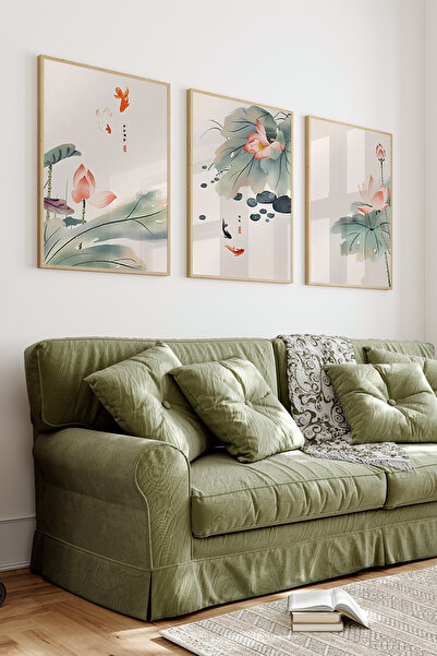 kutuTR 🌸 Japon Esintili Lotus ve Japon Balığı Temalı 3'lü MDF Çerçeveli Tabl...