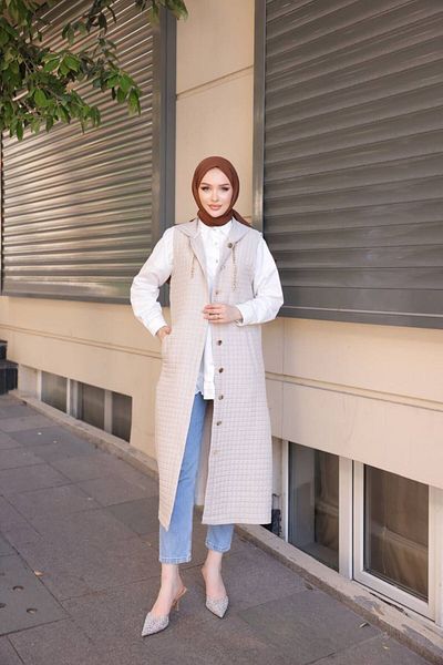 MODA AKGÜN Quilted Hooded Button Long Hijab Vest