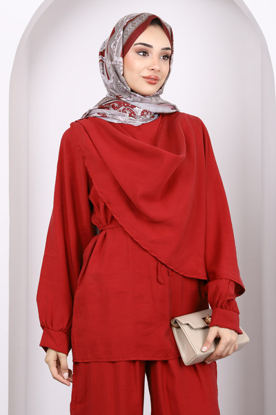 İmajButik Red Shawl Detailed Tunic Pants Suit