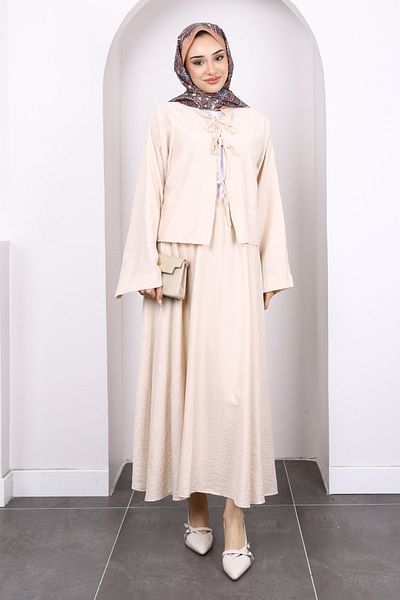 İmajButik Beige Tie Front Kimono Skirt Suit